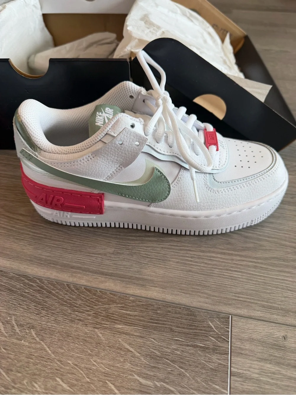 Nike Kids White Sneakers with Sage Green and Pink Accents